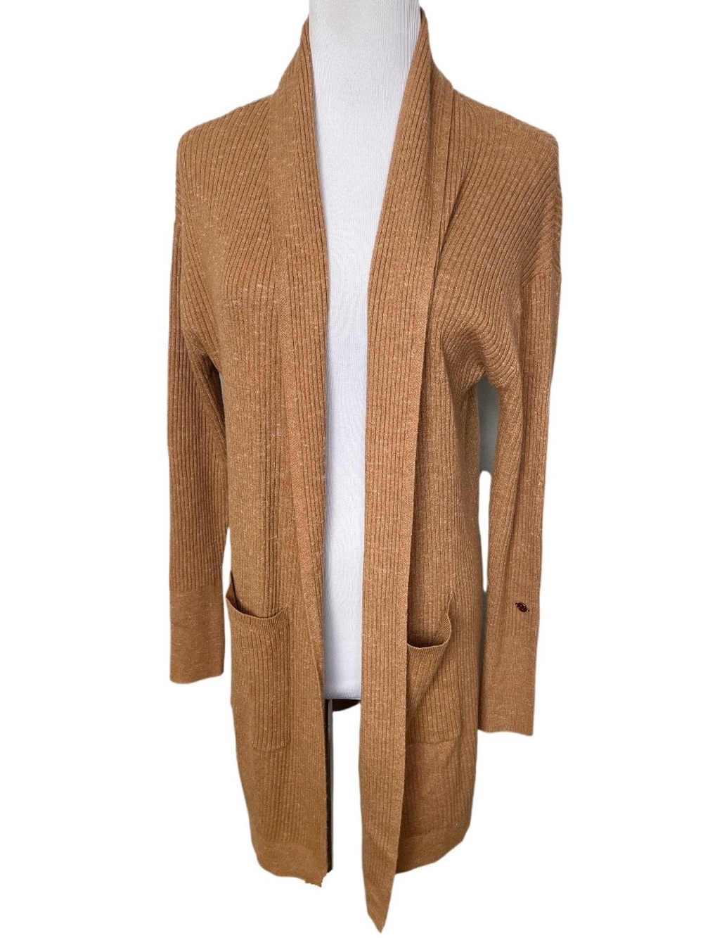 CALIA Tan and White Speck Ribbed Cozy Soft Open Front Long Cardigan w/ Pockets